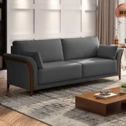 Sofá Living 3 Lugares 222cm Pés Madeira Roya Z32 Linho Cinza Escuro -