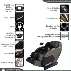 Poltrona de Massagem Reclinação Gravidade Zero Elétrica 3D Marvin Tela LCD com Óculos Massageador de Brinde PU Preto G94 - Gran Belo