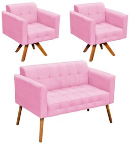 Kit 01 Namoradeira e 02 Poltronas Giratória Elisa Suede Base Madeira MM30 D'Rossi - Rosa Bebê