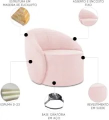 Poltrona Sala Giratória Redonda 91cm Steve Suede Rosa Bebê  I01  - Mpo