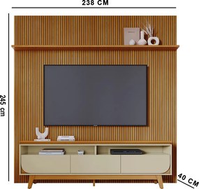 Painel TV 75 Pol 238cm Ripado Kalven e Bancada Elarin M20 - D'Rossi - Cumaru(fosco)/Opala(brilho)