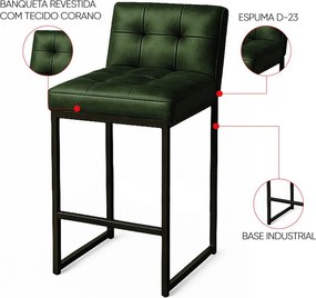 Banqueta Cozinha Alta com Encosto Industrial Kit 2 Preto Lirina PU C05 - D'Rossi - Verde