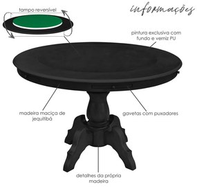 Mesa de Jogos Carteado Redonda Montreal Tampo Reversível Preto com 4 Cadeiras Liverpool PU Sintético Preto Liso G36 G15 - Gran Belo