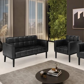 Conjunto Poltrona e Namoradeira Decorativa Karen Pés Fixo em Madeira PU Preto Brilho G19 - Gran Belo