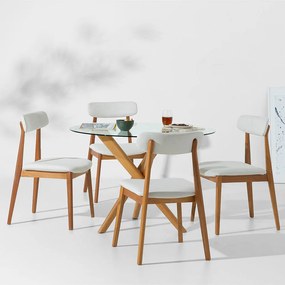 Conjunto Mesa de Jantar Thai Redonda Vidro Incolor - 1,10m + 4 Cadeira Nord Encosto Estofado Texture - Off White