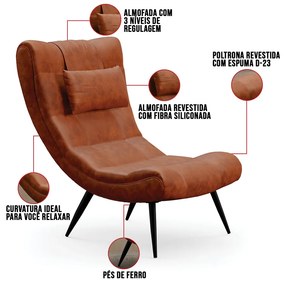 Poltrona Sala Decorativa e 01 Puff Sher Pé Palito Ferro Sintético PU D03 - D'Rossi - Nozes