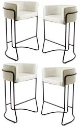 Kit 4 Banquetas Decorativas Base Aço Preto Betina C-107 Linho Bege Cru