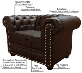 Poltrona Sala de Estar Chesterfield com Pés Madeira Couro Capucino G40 - Gran Belo