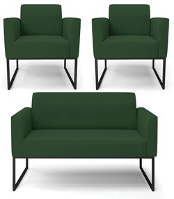 Sofá Namoradeira com 2 Poltronas Base Industrial Preto Marisa Veludo D03 - D'Rossi - Verde
