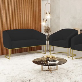Sofá Namoradeira e Poltrona Industrial Dourado Stella Veludo D03 - D'Rossi - Preto