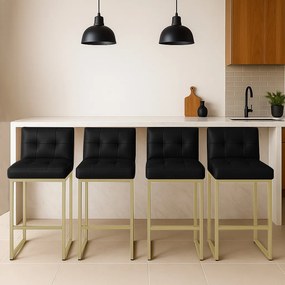 Banqueta Cozinha Alta com Encosto Industrial Kit 4 Champanhe Lirina PU Preto C05 - D'Rossi