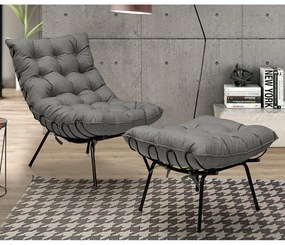 Conjunto Decorativo Poltrona e Puff Abel Base de Ferro Preto Linho Grafite G41 - Gran Belo