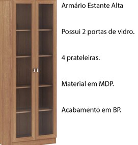 Armário Estante Alto Porta de Vidro ME4115 MDP Amendoa G69