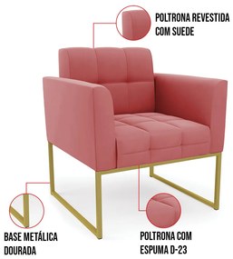 Kit 1 Sofá Namoradeira e 2 Poltronas Elisa Suede Base Metálica Industrial Dourado D03 - D'Rossi - Rose