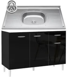 Balcão de Cozinha com Pia Inox 120cm 3 Portas Classic Z46 Preto - Mpoz