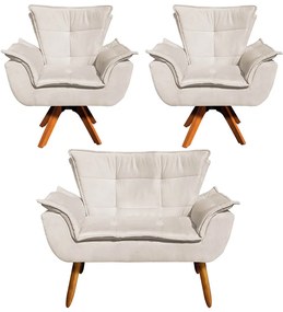 Sofá Namoradeira e 2 Poltronas Giratória MM30 Opala Suede - Bege