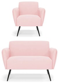 Sofá Namoradeira com Poltrona Pés Palito de Ferro Bruna Suede - D'Rossi - Rosa Bebê