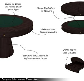 Conjunto Mesa de Jogos Carteado Bellagio Tampo Reversível e 6 Cadeiras Madeira Poker Base Cone Veludo Preto/Tabaco G42 - Gran Belo