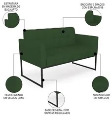 Sofá Namoradeira Base Industrial Preto Ana Veludo Luxo Verde - Ibiza