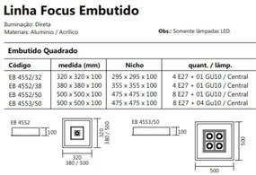 Luminária De Embutir Focus Quadrado C/ Aba 4Xe27 + 1Xmr16 32X32X10Cm |... (BT - Branco Texturizado)
