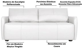 Sofá Decorativo Sala de Estar Lily 3 Lugares 220cm Couro Branco G34 - Gran Belo