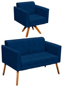 Kit 01 Namoradeira e 01 Poltrona Giratória Elisa Suede Base Madeira MM30 D'Rossi - Azul Marinho