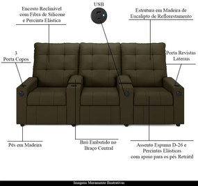 Poltrona do Papai Reclinável Sala de Cinema Movie 3 Lugares Manual Baú USB Veludo Capuccino