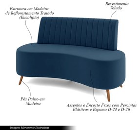 Sofá Living Decorativo 2 Lugares 1,35M Katara Azul Veludo G33 - Gran Belo