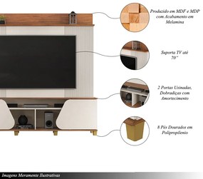 Home Estante Cavill TV 70" Ripado Canelado 2 Portas Pés Dourados OffWhite/Freijó G18 - Gran Belo