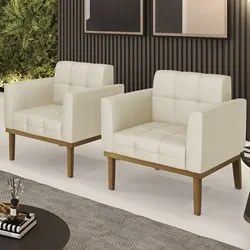 Poltrona Base Madeira Castanho Kit 2 Ana Veludo Luxo Off White - Ibiza