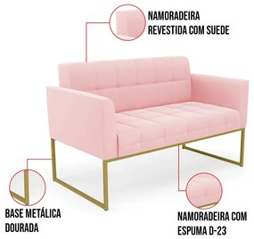 Kit 1 Sofá Namoradeira e 2 Poltronas Elisa Suede Base Metálica Industrial Dourado D03 - D'Rossi - Rosa Bebê