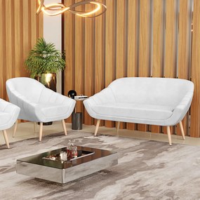 Kit 01 Namoradeira 02 Lugares e 01 Poltrona Giovana Corano Pés Palito Natural - Indo Decorar - Branco