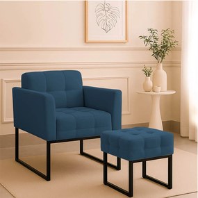 Poltrona Sala e Puff Decorativo Industrial Elisa Suede D03 - D'Rossi - Azul Marinho