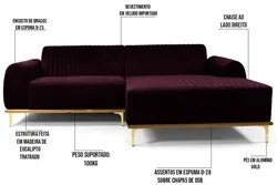 Sofá 265cm 4 Lugares com Chaise Direito Pés Gold Molino C-292 Veludo U