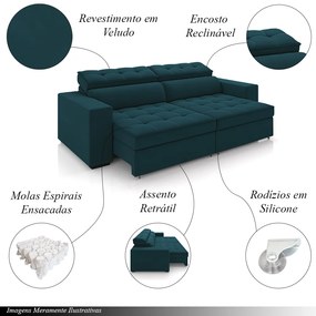 Sofá Decorativo Hugo 3 Lugares 246cm Reclinável e Retrátil Veludo Azul Marinho G45 - Gran Belo