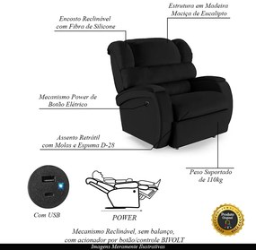 Poltrona do Papai Sala de Cinema Reclinável Kylie Power Elétrica USB PU Preto G23