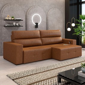 Sofá Retrátil 4 Lugares 284cm 2 Módulos Nero com USB Couro Manchado Claro G52 - Gran Belo
