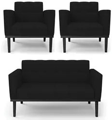 Sofá Namoradeira e 2 Poltronas Base Madeira Preto Ana Linho Preto - Ib