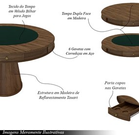 Conjunto Mesa de Jogos Carteado Bellagio Tampo Reversível Verde e 6 Cadeiras Madeira Poker Base Cone Linho Cinza/Nogueira G42 - Gran Belo