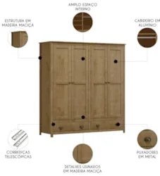 Guarda Roupa Casal 176cm 4 Portas 2 Gavetas Lázio Freijó F07 - Mpozena