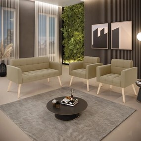 Kit 1 Sofá Namoradeira e 2 Poltronas Elisa Suede Marrom Rato Pés Palito Castanho - D'Rossi