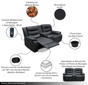 Sofá Reclinável Sala de Cinema 2 Lugares Massagem Aquecimento Hollywood Manual Porta Copos Baú Central PU Preto G94 - Gran Belo