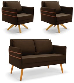 Kit 01 Namoradeira 02 Lugares e 02 Poltronas Mari Suede Base de Madeira MA30 - D'Rossi - Marrom