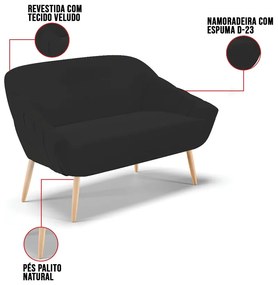 Kit 01 Namoradeira 02 Lugares e 02 Poltronas Giovana Veludo Pés Palito Natural D01 - D'Rossi - Preto