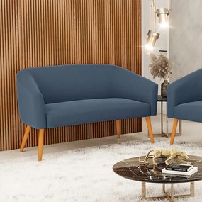 Namoradeira 02 Lugares Stella Suede Azul Marinho Pés Palito Castanho - D'Rossi