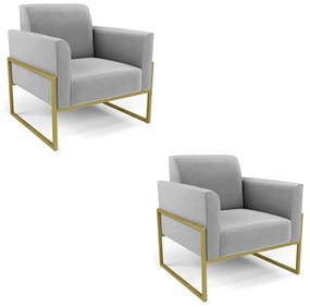 Kit 2 Poltronas Base Industrial Alta Dourado Marisa Suede - Cinza
