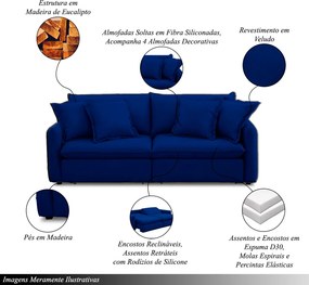 Sofá 190cm Retrátil Reclinável Almofadas Caixa Zero Sydney Veludo Azul G93 - Gran Belo