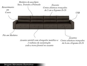 Sofá Retrátil 8 Lugares 484cm 4 Módulos Nero com USB Couro Marrom G52 - Gran Belo
