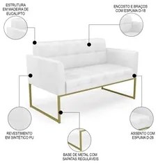 Sofá Namoradeira Base Industrial Dourado Ana Sintético PU Branco - Ibi