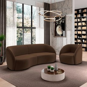 Conjunto Sofá Sala de Estar Bipartido 318cm e Poltrona Clarke Veludo Marrom G45 - Gran Belo